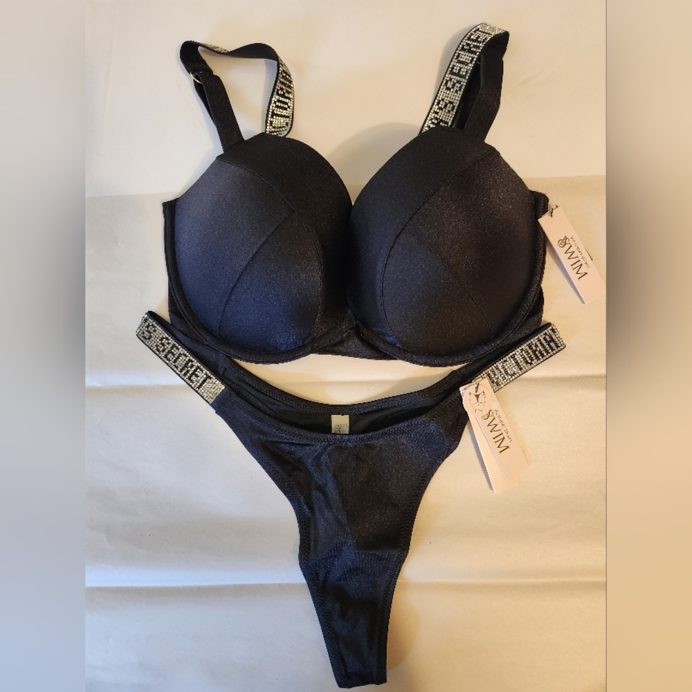34B/S Victoria's Secret Swim Shine Strap Sexy Tee Bikini Top Thong Bikini Set